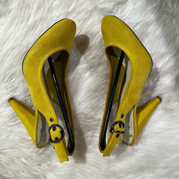 Nine West Leather Suede Epic Daffodil Round Toe Slingback Stacked High Heels 5.5 - Picture 5 of 15